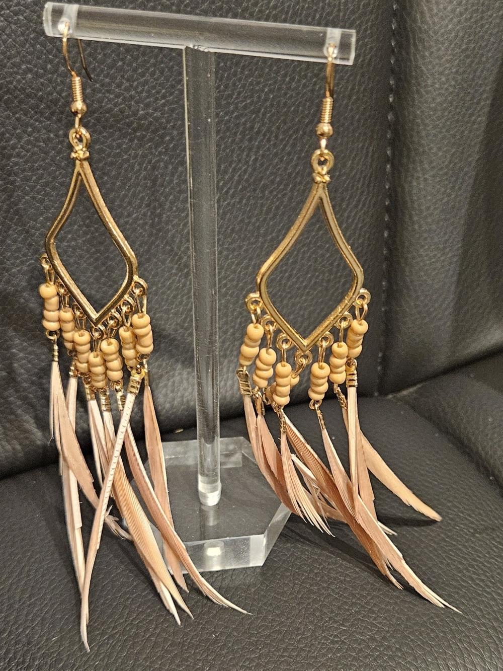 Boho Gold-tone Feather Dangle Earrings in Beige/Pink